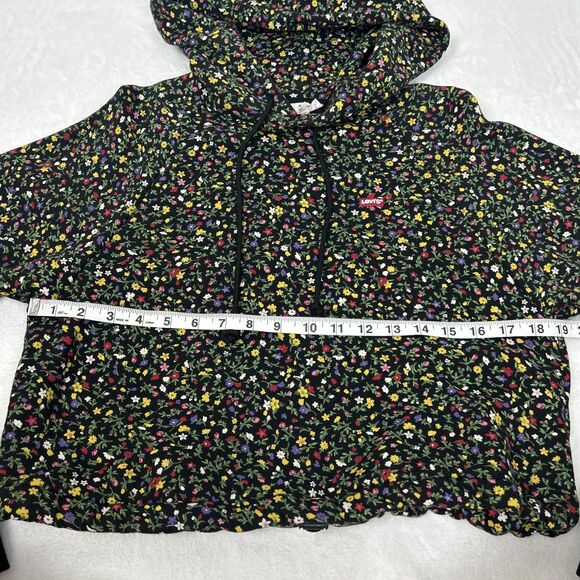 Levi's Hoodie Womens Small Black Floral Cropped Pullover Sweatshirt Red Tab - Picture 5 of 9